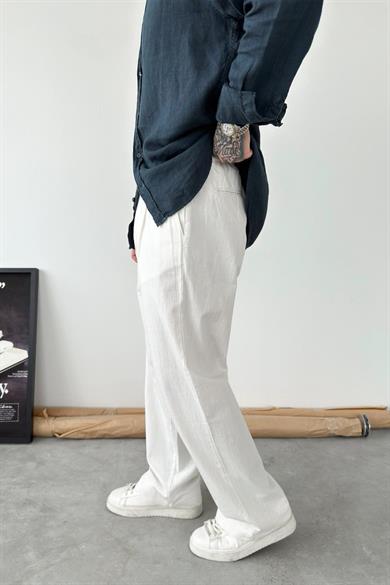 Beyaz Premium Baggy Keten Pantolon