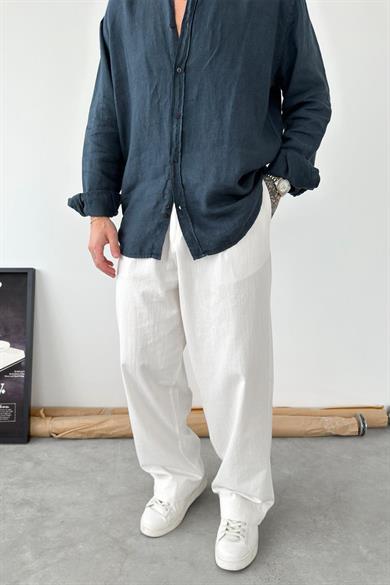 Beyaz Premium Baggy Keten Pantolon