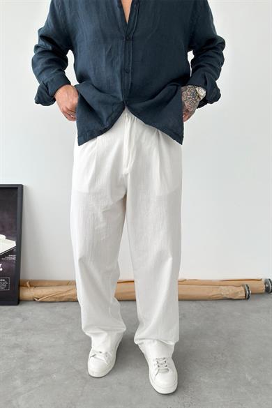 Beyaz Premium Baggy Keten Pantolon