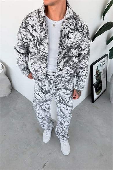 Beyaz Premium Baskılı Denim Takım