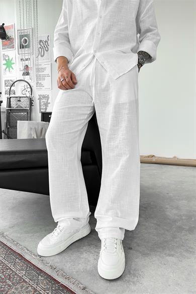 Beyaz Premium Keten Basic Baggy Pantolon