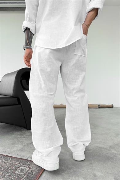 Beyaz Premium Keten Basic Baggy Pantolon