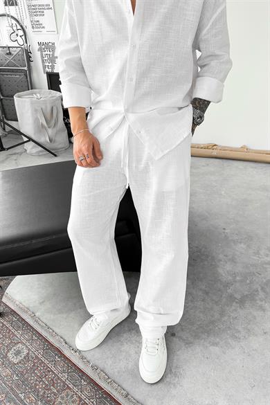 Beyaz Premium Keten Basic Baggy Pantolon
