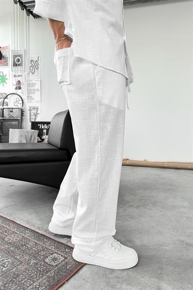 Beyaz Premium Keten Basic Baggy Pantolon