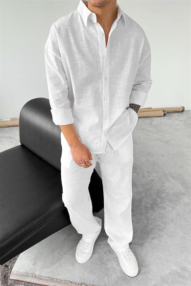 Beyaz Premium Keten Basic Oversize Gömlek