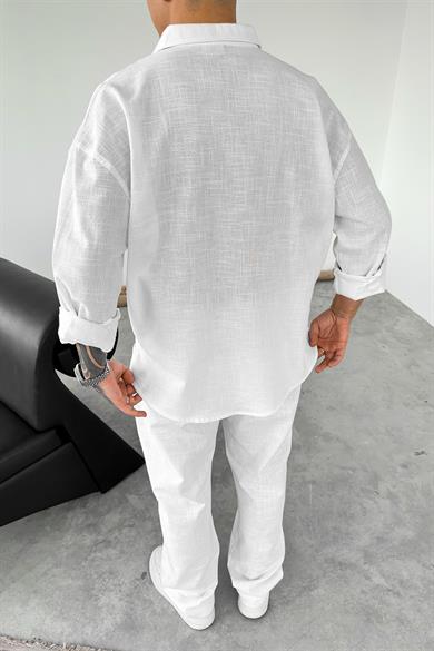 Beyaz Premium Keten Basic Oversize Gömlek