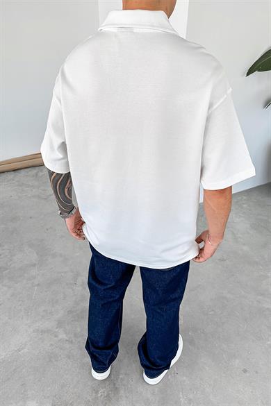 Beyaz Quit Place Baskı Detay Oversize Polo Yaka Tişört