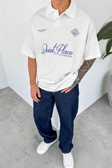 Beyaz Quit Place Baskı Detay Oversize Polo Yaka Tişört