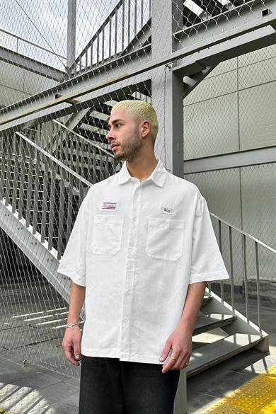 Beyaz Ray Nakış Detay Çift Cepli BS Oversize Gömlek