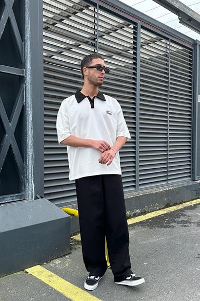Beyaz Reaven Polo Yaka OUTPLENTY PREMİUM Oversize Tişört