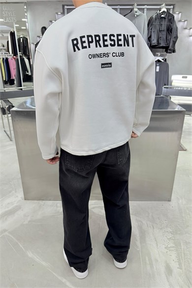 Beyaz Represent Baskılı Boxy Kalıp Sweatshirt