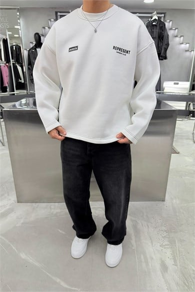 Beyaz Represent Baskılı Boxy Kalıp Sweatshirt