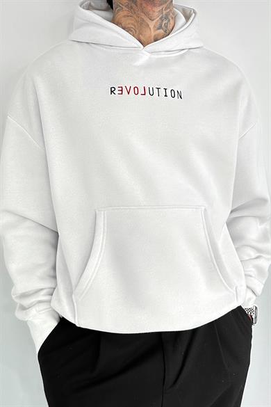 Beyaz Revolution Nakış Detay HAFKA PREMİUM 3 İplik Şardonlu Oversize Sweatshirt