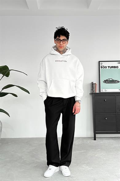 Beyaz Revolution Nakış Detay HAFKA PREMİUM 3 İplik Şardonlu Oversize Sweatshirt