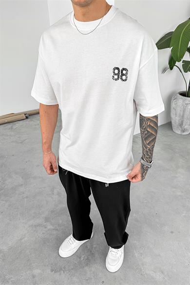 Beyaz Rose 98 Baskı Detay Oversize Tişört
