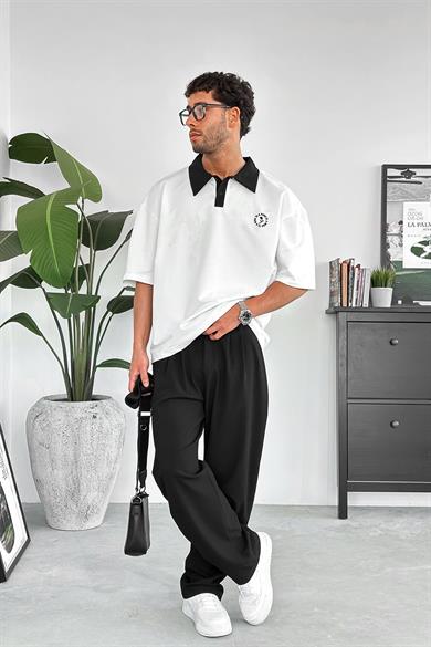 Beyaz Rose Polo Yaka OUTPLENTY PREMİUM Oversize Tişört