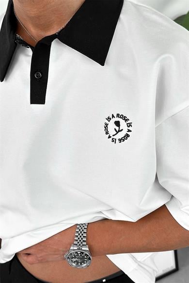Beyaz Rose Polo Yaka OUTPLENTY PREMİUM Oversize Tişört
