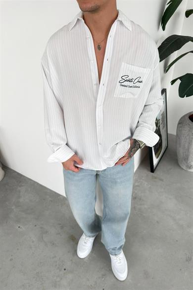 Beyaz Santa Nakış Çizgili Gömlek