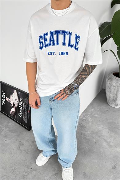 Beyaz Seattle Nakış Detay Oversize Tişört