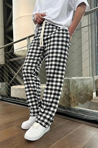 Beyaz Siyah Relaxed Ekose Desen 01 PM Baggy Eşofman