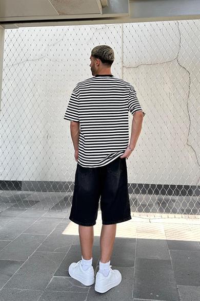Beyaz Siyah Şeritli 17 PM Oversize Tişört