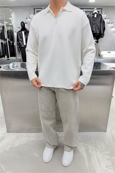 Beyaz Soft Premium Oversize Triko Polo Yaka Kazak
