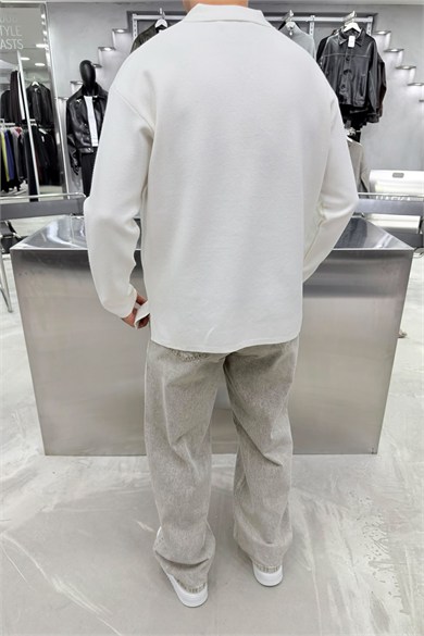Beyaz Soft Premium Oversize Triko Polo Yaka Kazak