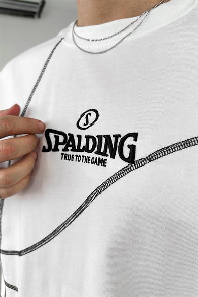 Beyaz Spalding Nakış Ters Dikiş Detay Oversize Tişört