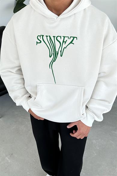 Beyaz Sunset Nakış Detay HAFKA PREMİUM 3 İplik Şardonlu Oversize Sweatshirt