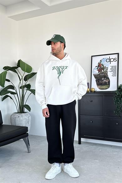Beyaz Sunset Nakış Detay HAFKA PREMİUM 3 İplik Şardonlu Oversize Sweatshirt