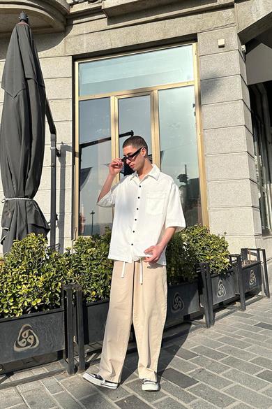 Beyaz Ters Dikiş Ön Cepli 09 PH Boxy Fit Oversize Gömlek