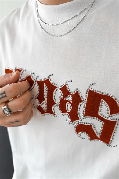 Beyaz Vegas Taş İşlemeli Oversize Tişört