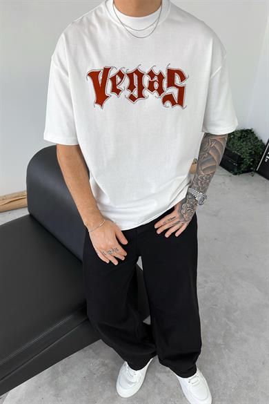 Beyaz Vegas Taş İşlemeli Oversize Tişört