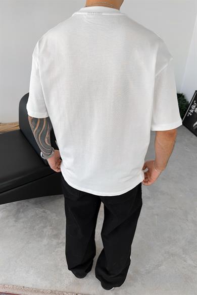Beyaz Vegas Taş İşlemeli Oversize Tişört