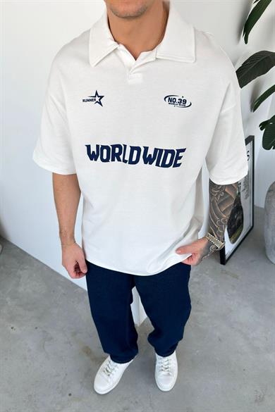 Beyaz World Wide Baskılı Polo Yaka Tişört