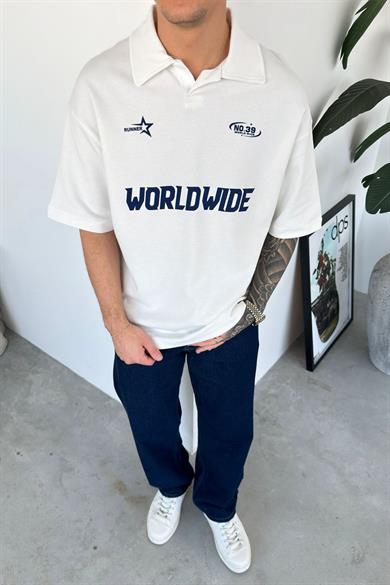 Beyaz World Wide Baskılı Polo Yaka Tişört