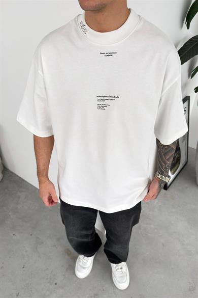 Beyaz Yaka Baskı Detay Premium Oversize Tişört