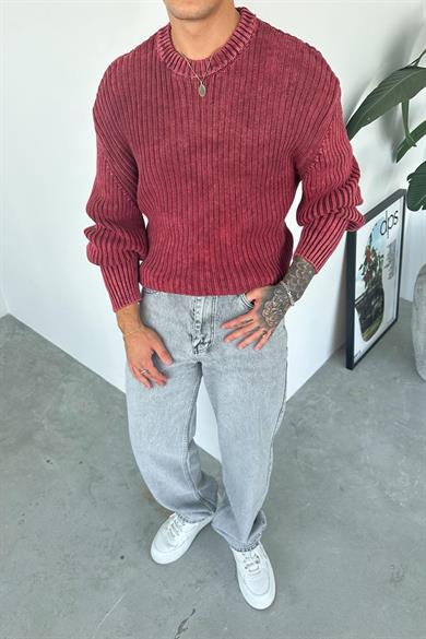 Bordo Acid Wash Fitilli Oversize Triko Kazak
