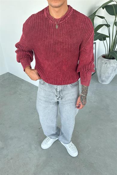 Bordo Acid Wash Fitilli Oversize Triko Kazak