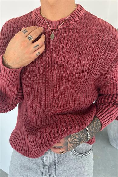 Bordo Acid Wash Fitilli Oversize Triko Kazak