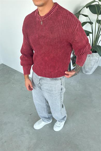 Bordo Acid Wash Fitilli Oversize Triko Kazak