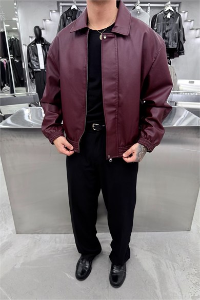 Bordo Basic Boxy Kalıp Deri Ceket
