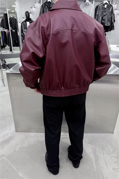 Bordo Basic Boxy Kalıp Deri Ceket