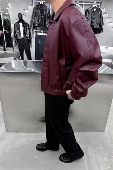 Bordo Basic Boxy Kalıp Deri Ceket