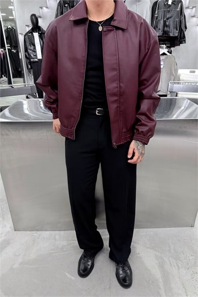 Bordo Basic Boxy Kalıp Deri Ceket