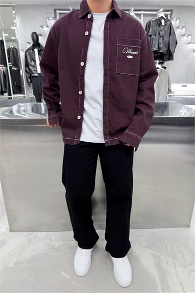 Bordo Baskılı Oversize Kot Gömlek