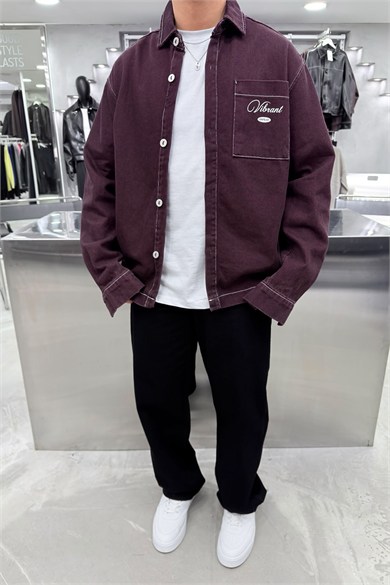 Bordo Baskılı Oversize Kot Gömlek