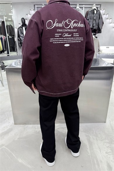 Bordo Baskılı Oversize Kot Gömlek