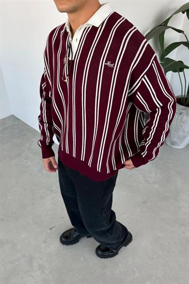 Bordo Çizgili Oversize Polo Yaka Sweatshirt