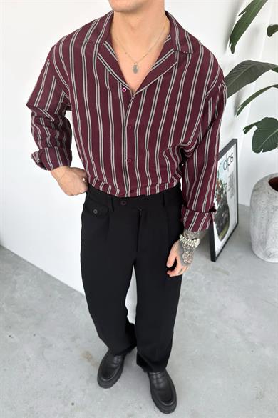 Bordo Çizgili Premium Relaxed Gömlek